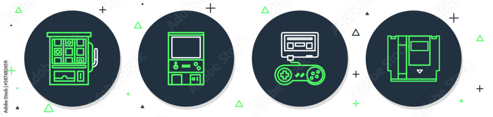 Poster set line retro arcade game machine, game console with joystick, slot and cartridge icon. vector