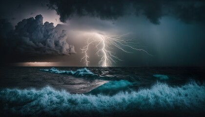Photograph of a stormy ocean with lightning 35mm f8 cinematic unsplash  Generative AI