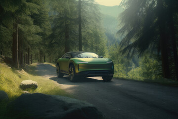 prototype green electric vehicle in a natural environment - ev concept - obrazy, fototapety, plakaty