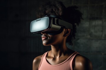Naklejka premium Woman Wearing a VR Headset in a Studio - AI Generated