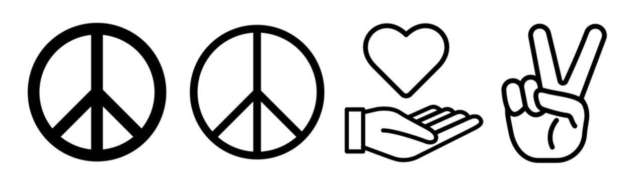 Icon sheet of the peace sign. Rounded peace symbol, hand holding a heart, and Hand gesture V representing victory or peace. Black and white vector illustration.