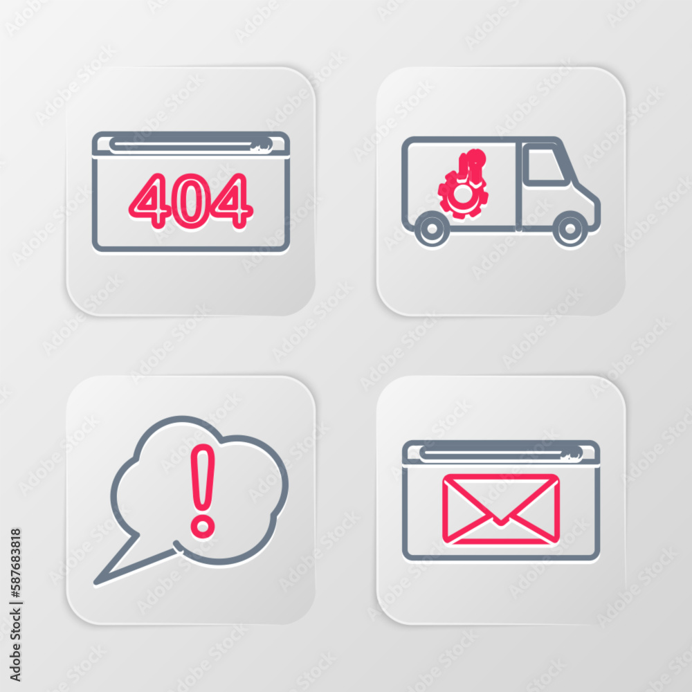 Poster set line mail and e-mail, speech bubble exclamation, car service and page with 404 error icon. vecto