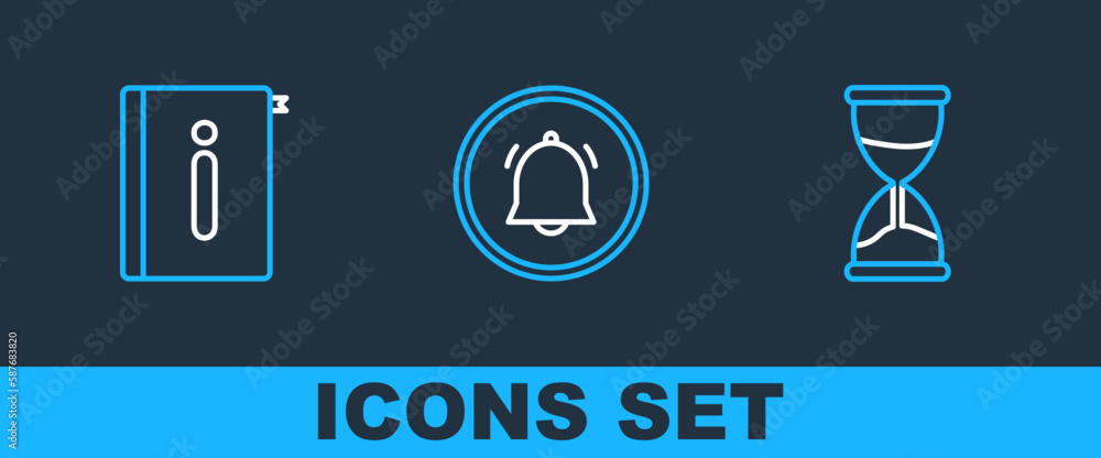 Poster set line hourglass, user manual and button chat notification icon. vector
