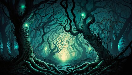 A creepy woodland with twisted branches glowing eyes and a mysterious aura  Generative AI