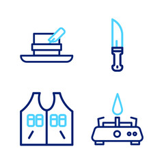Set line Camping gas stove, Hunting jacket, Hunter knife and hat with feather icon. Vector