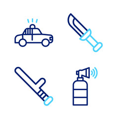 Set line Air horn, Police rubber baton, Military knife and car and flasher icon. Vector