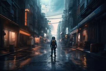 Astronaut walking in the middle of a city. Generative AI.
