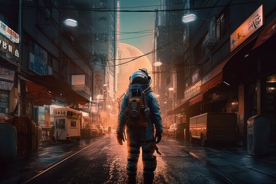 Astronaut Walking In The Middle Of A City. Generative AI.