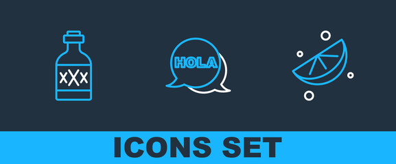 Set line Sliced lime, Tequila bottle and Hola icon. Vector © vector_v