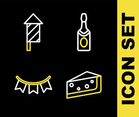 Set line Champagne bottle, Piece of cake, Carnival garland with flags and Firework rocket icon. Vector
