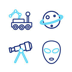 Set line Alien, Telescope, Planet Saturn and Mars rover icon. Vector