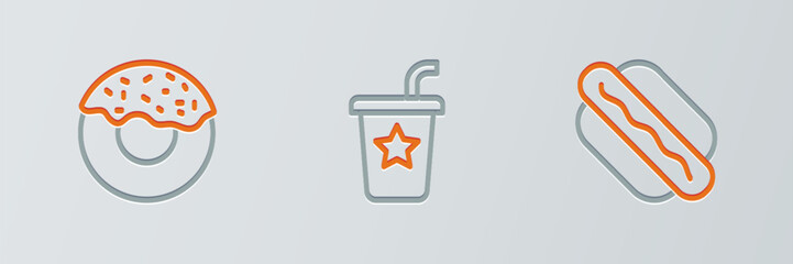 Set line Hotdog sandwich, Donut and Paper glass with straw icon. Vector