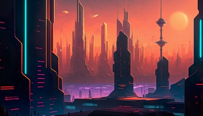 A futuristic cityscape with towering skyscrapers and neon lights  Generative AI