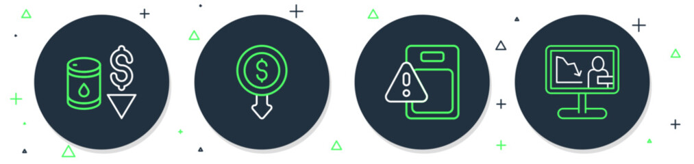 Set line Dollar rate decrease, Global economic crisis, Drop in crude oil price and news icon. Vector
