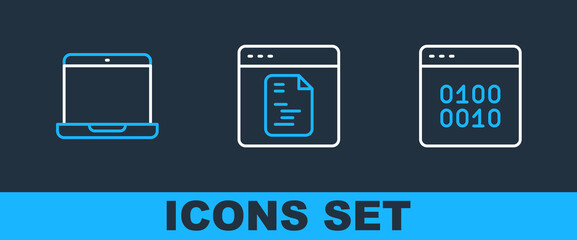 Set line Binary code, Laptop and Software icon. Vector
