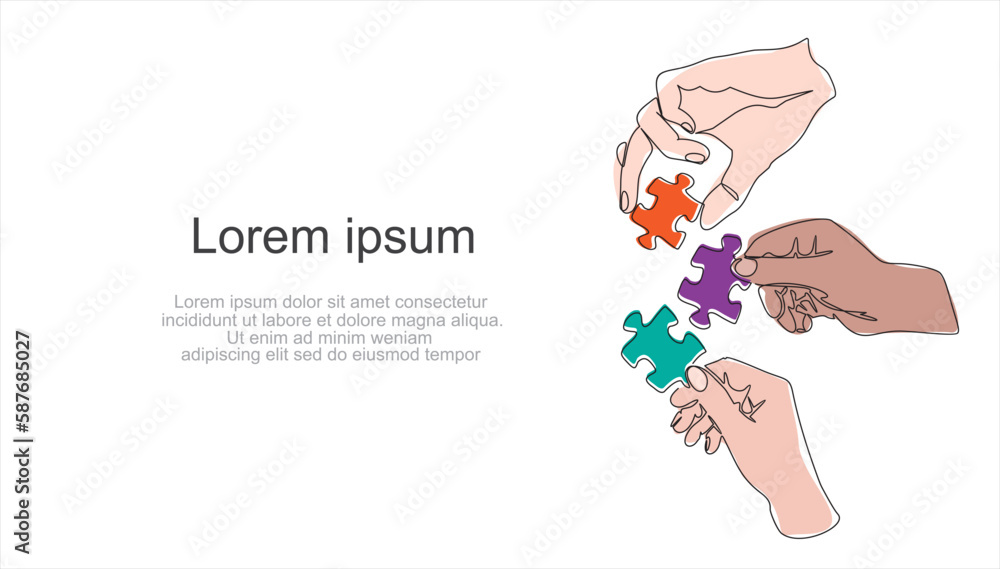 Poster continuous one line drawing of hands and puzzle. business matching - connecting puzzle elements. puz