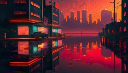 A neon city with a glowing sunrise in the background and reflections in the water  Generative AI