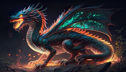 A neon dragon with glowing scales and eyes that breathes fire  Generative AI