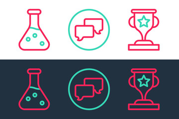 Set line Award cup, Test tube and Speech bubble chat icon. Vector
