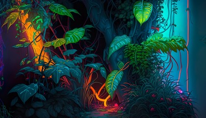 A neon jungle with glowing vines and exotic plants  Generative AI