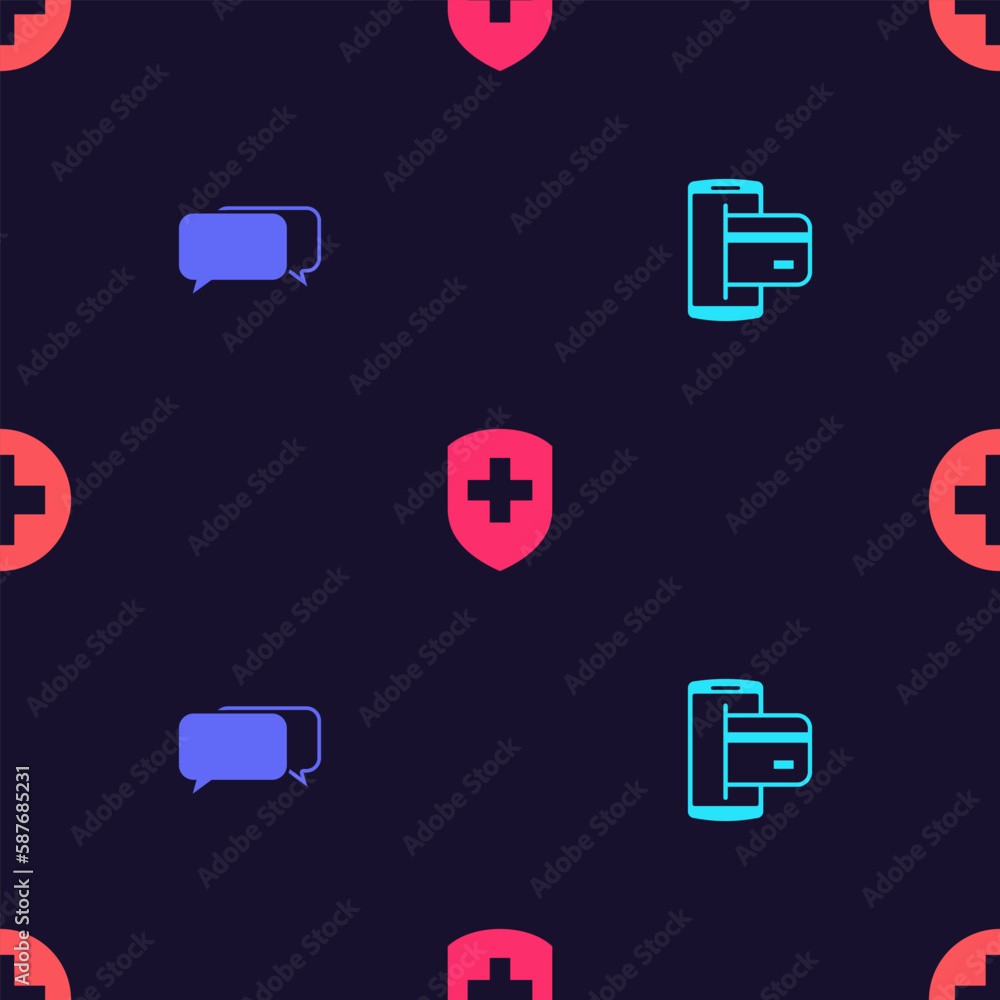 Poster set nfc payment, chat, medical shield with cross and in circle on seamless pattern. vector