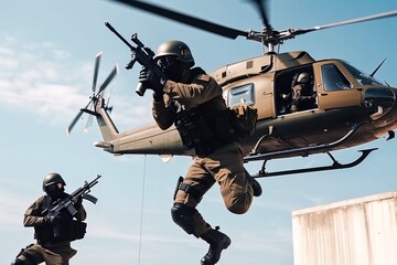 Fototapeta Special forces Anti-terrorist in action with helicopter in background. Generative AI. obraz