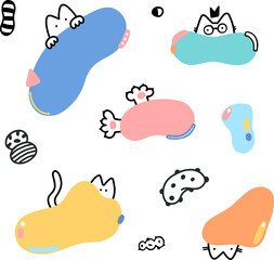 Cute kitty cats and funny doodles with colorful specch bubble shapes