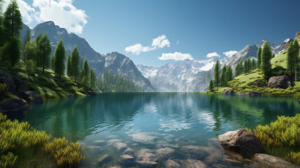 Mountain lake with crystal clear water and green forest on the background, Generative AI