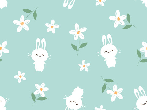 Seamless pattern with Easter bunny rabbit cartoons and white flower on green background vector. 