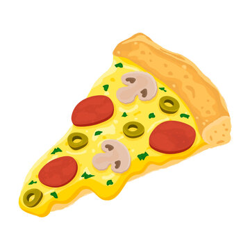 Pizza Salami with mushrooms. Vector healthy pepperoni Pizza slice. Fast food illustration on white background.