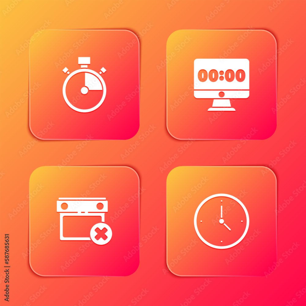 Poster set stopwatch, clock on monitor, calendar date delete and icon. vector