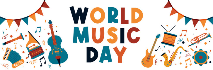 WORLD MUSIC DAY - Banner- Title and illustrations of musical instruments