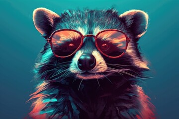 raccoon wearing sunglasses on a solid color background, vector art, digital art, faceted, minimal, abstract. Generative AI.