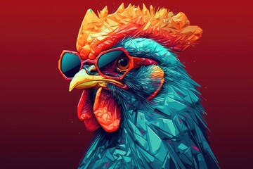 rooster wearing sunglasses on a solid color background, vector art, digital art, faceted, minimal, abstract. Generative AI.