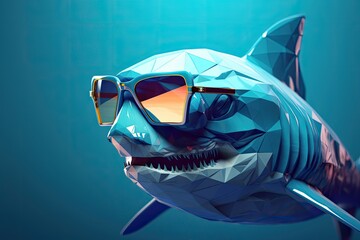 shark wearing sunglasses on a solid color background, vector art, digital art, faceted, minimal, abstract. Generative AI.
