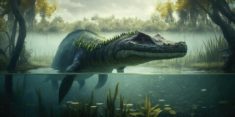 Prehistoric creature or dinosaur in the wild nature. Realistic style drawing. superlative generative AI image. © InfiniteFlow