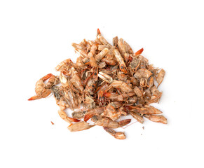 The food waste. a pile of shrimp shells after eat isolated on white background.