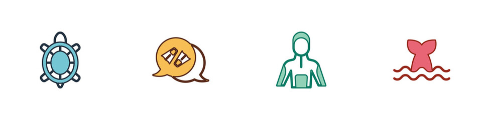 Set Turtle, Flippers for swimming, Wetsuit scuba diving and Whale tail icon. Vector