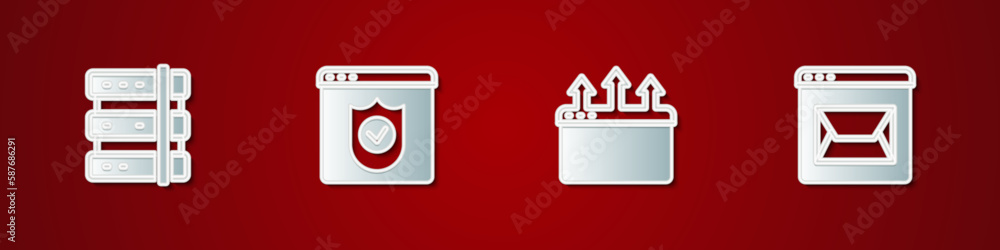 Poster set server, browser with shield, window and website and mail icon. vector