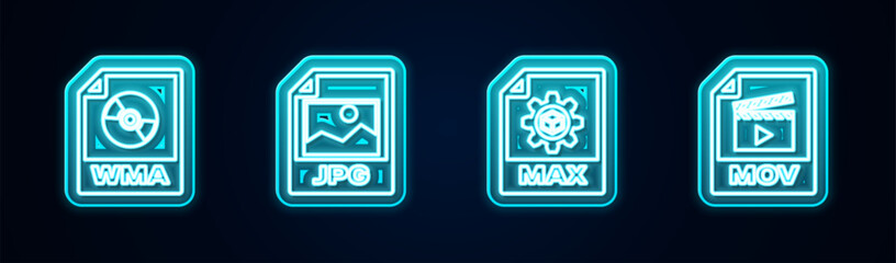 Set line WMA file document, JPG, MAX and MOV. Glowing neon icon. Vector