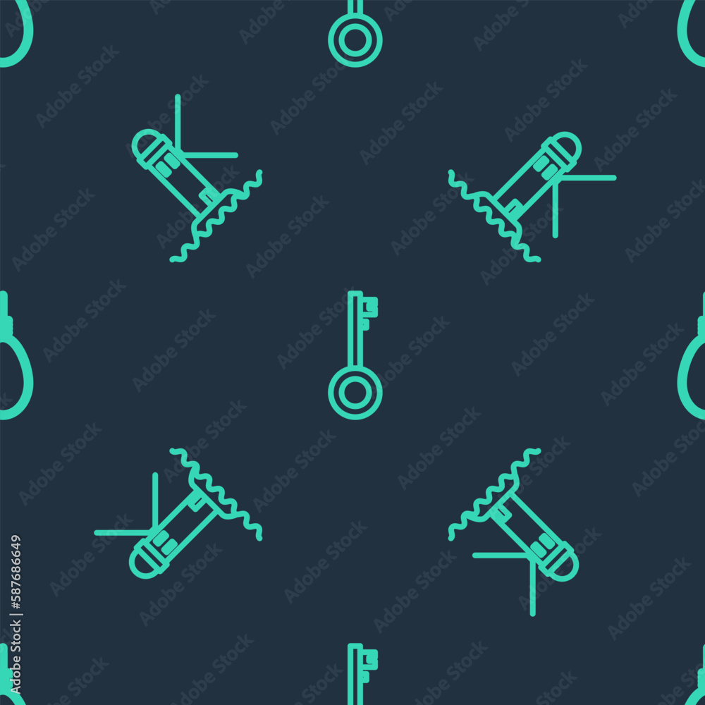 Poster set line pirate key, lighthouse and gallows rope loop hanging on seamless pattern. vector