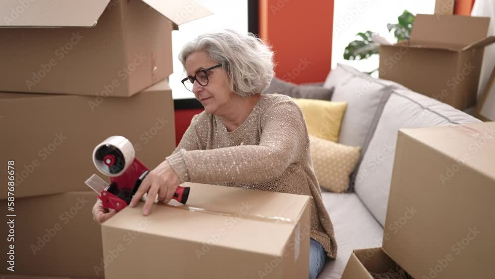 Poster Middle age woman with grey hair smiling confident packing cardboard box at new home