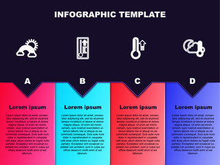 Set line Rainbow with clouds and sun, Meteorology thermometer, and Thermometer cloud, moon. Business infographic template. Vector