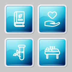 Set line Medical book, Heart in hand, Laboratory glass leaves and Acupuncture therapy icon. Vector