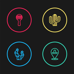 Set line Cactus, Mexican sombrero, and Maracas icon. Vector