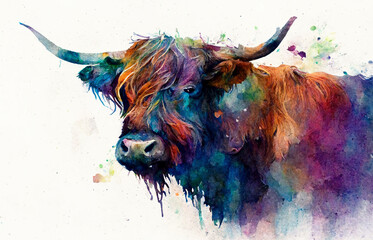 Watercolor painting of highland cow with white background.