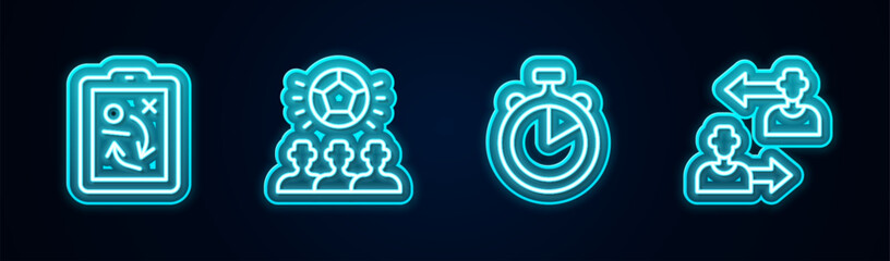 Set line Planning strategy concept, Soccer football ball, Stopwatch and Substitution player. Glowing neon icon. Vector