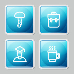 Set line Mushroom, School backpack, Graduate and graduation cap and Cup of tea icon. Vector