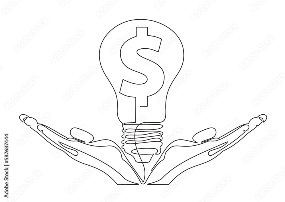 Poster single continuous line of hands holding single one line drawing bulb with dollar sign. financial tec