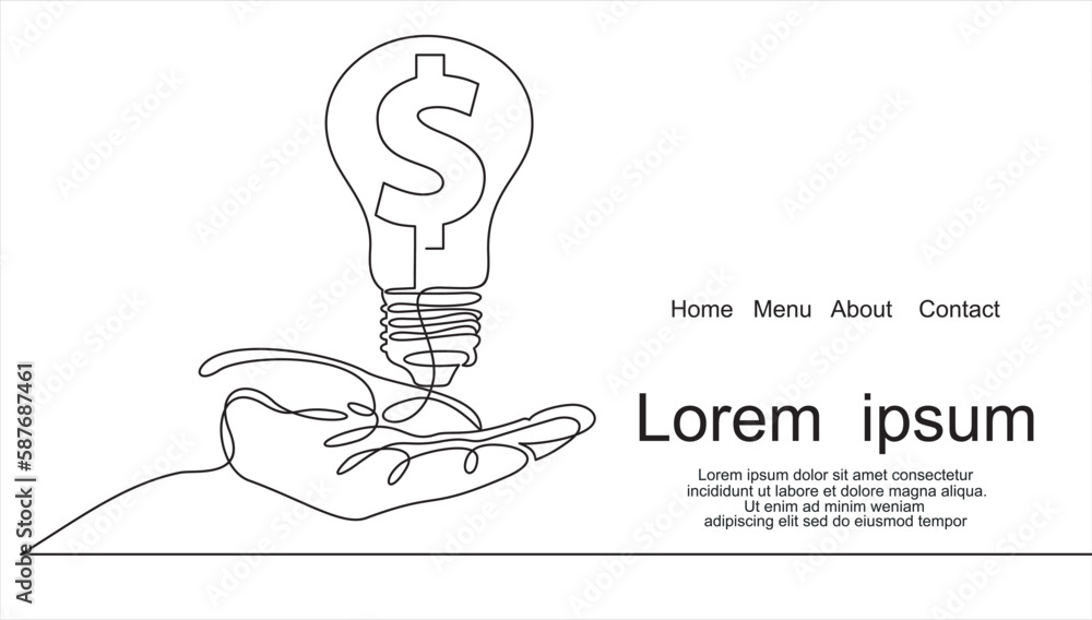 Poster single continuous line of hands holding single one line drawing bulb with dollar sign. financial tec